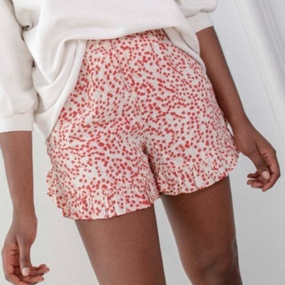 Ganni Egret Floral Red & Creme Ruffle Trim Crepe Shorts Size Small